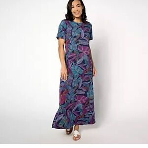 Denim&Co Navy Blue & Purple Maxi Sundress Parrot Tropical Beach M Tall Jersey